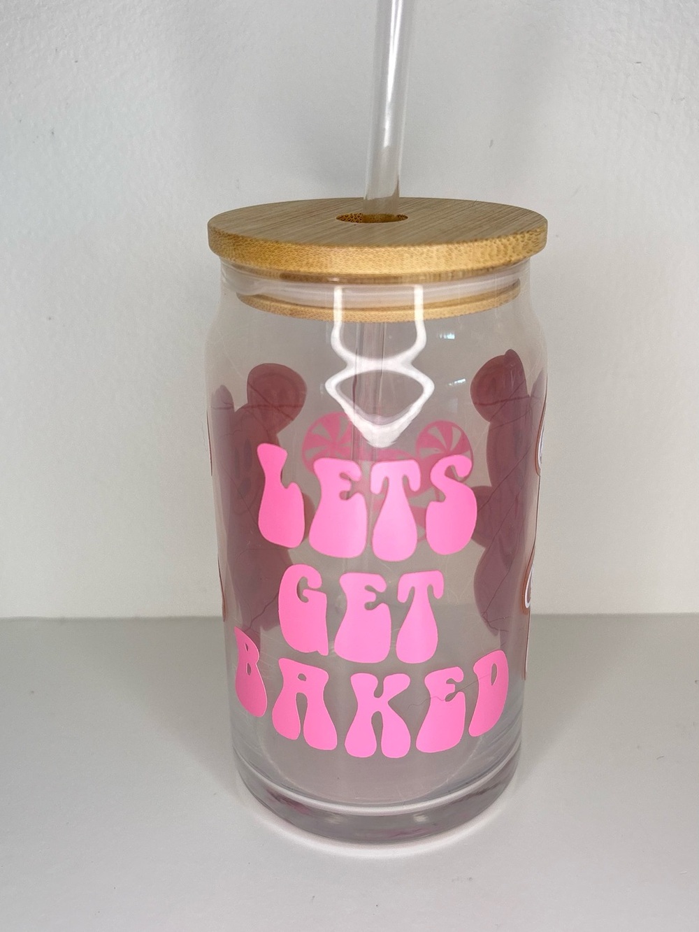 New Let's Get Baked Glass Straw Tumbler with Bamboo Lid gingerbread Christmas